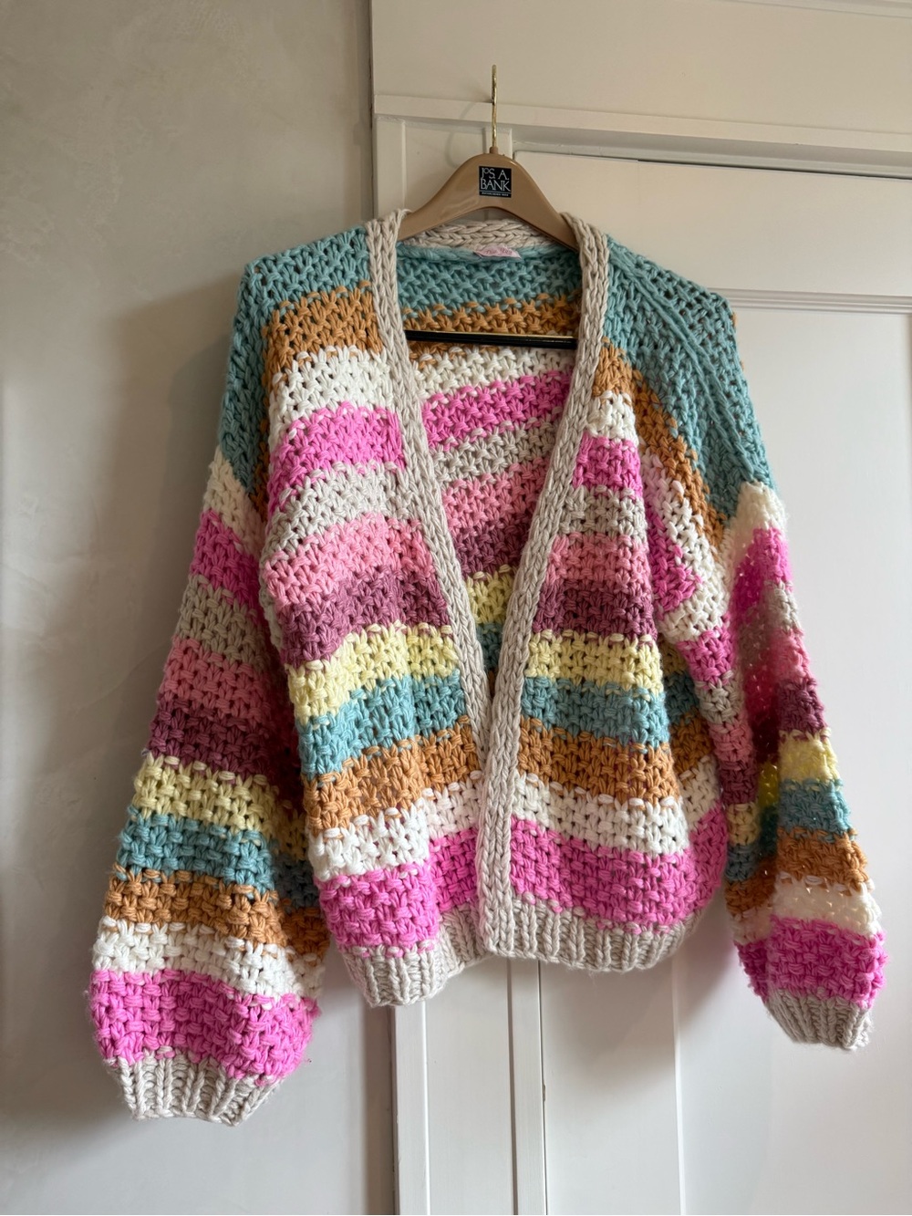 Pink Lily Chunky Striped Knit Cardigan in Pink, Blue, Cream, Yellow, Tan